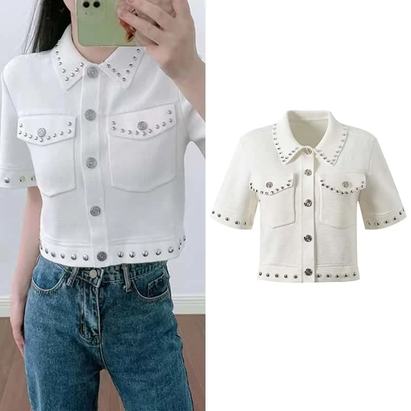 Высококачественный модный кардиган для женщин, металлические пуговицы, отложной воротник, короткий рукав, темпераментная роскошная куртка, верхняя женская одежда 
Высококачественный модный кардиган для женщин, металлические пуговицы, отложной воротник, короткий рукав, темпераментная роскошная куртка, верхняя женская одежда