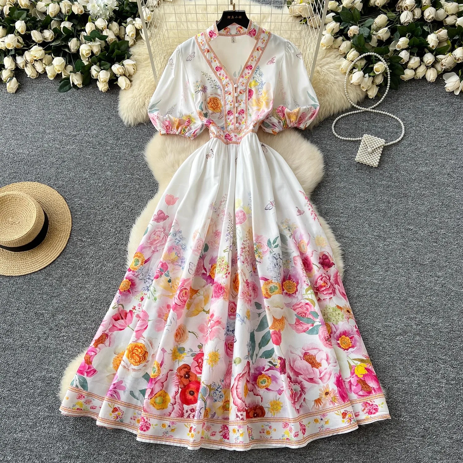 Summer Gorgeous Flower Holiday Long Dress Women's V-Neck Short Puff Sleeve Floral Print Beach Bohemian Party Maxi Vestidos
Summer Gorgeous Flower Holiday Long Dress Women's V-Neck Short Puff Sleeve Floral Print Beach Bohemian Party Maxi Vestidos
