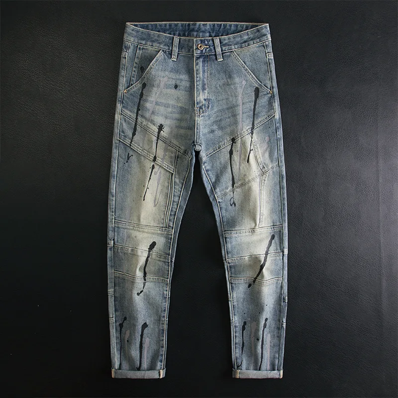 Spray painted patchwork jeans for men, motorcycle stretch slim fit, small feet, retro printed, fashionable and trendy pants
Spray painted patchwork jeans for men, motorcycle stretch slim fit, small feet, retro printed, fashionable and trendy pants