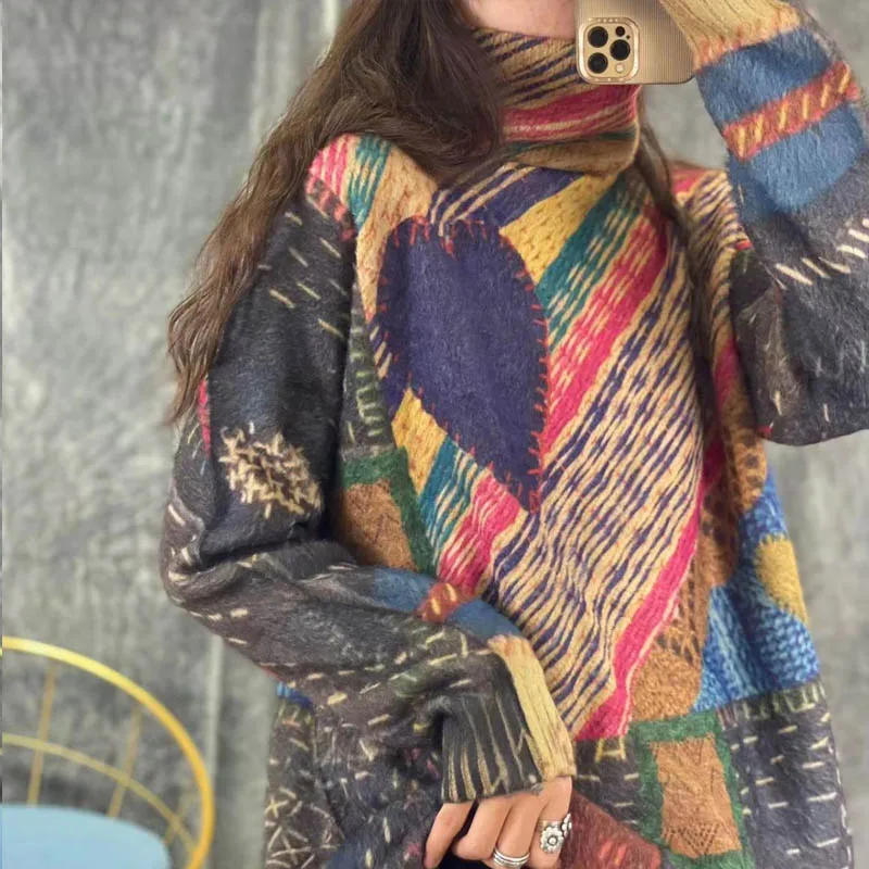 Mink Fleece Women Top Fall Winter Warm Vintage Korean Style High Collar Pullover Female Casual Knitted Print Sweater Outer Wear
Mink Fleece Women Top Fall Winter Warm Vintage Korean Style High Collar Pullover Female Casual Knitted Print Sweater Outer Wear