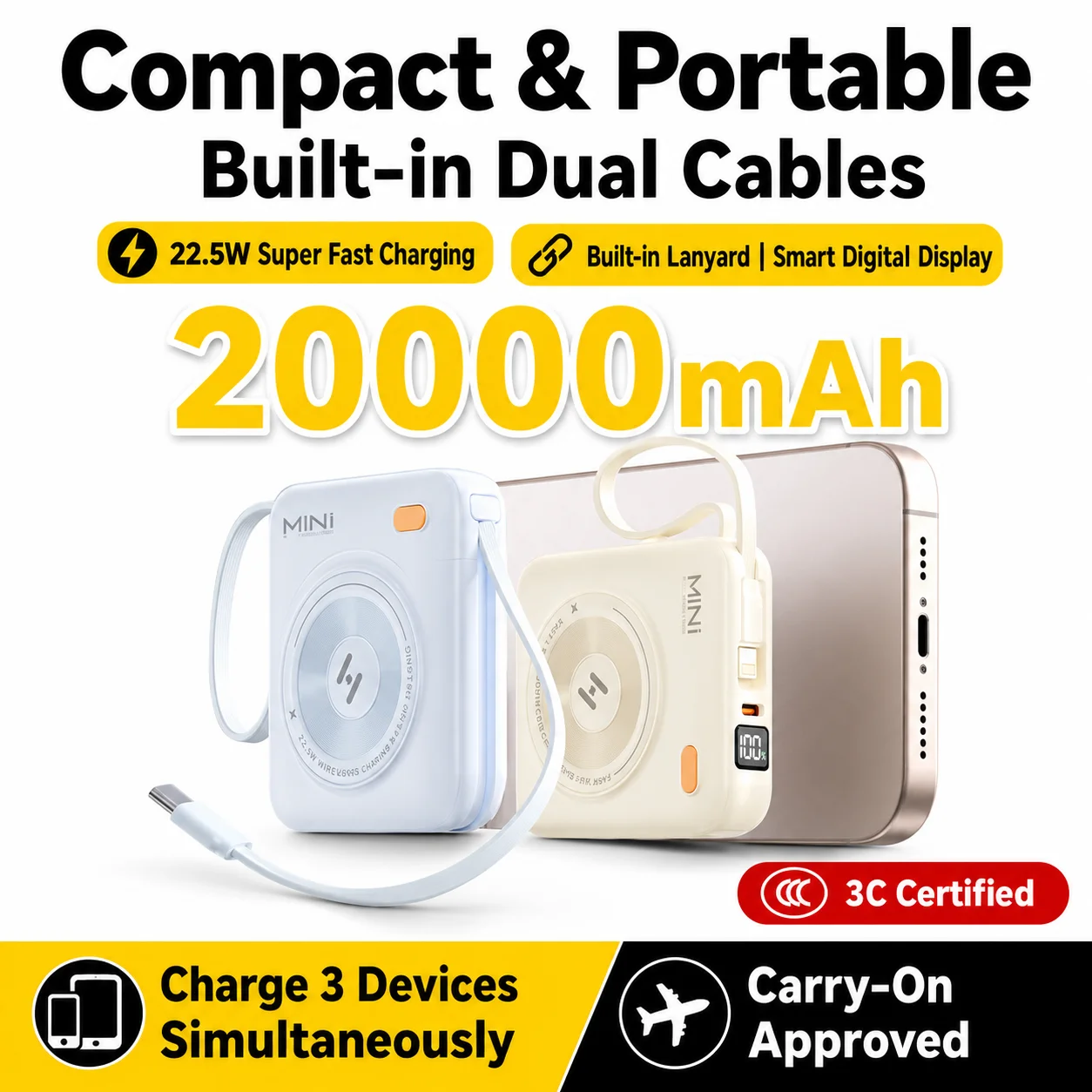 Power Bank 20000mAh 22.5W Super Fast Charging Portable with Built - in Cable Compact Mobile Power Supply
Power Bank 20000mAh 22.5W Super Fast Charging Portable with Built - in Cable Compact Mobile Power Supply