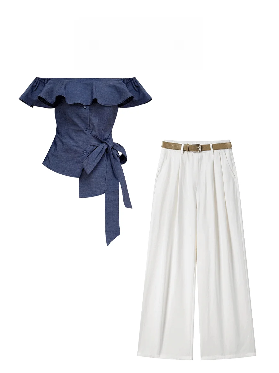 Parkyeon Summer Fashion Set Wide Leg Pants Floor-Length One-Shoulder Ruffle Hem Design Women's Short Sleeve round Neck Outfit
Parkyeon Summer Fashion Set Wide Leg Pants Floor-Length One-Shoulder Ruffle Hem Design Women's Short Sleeve round Neck Outfit
