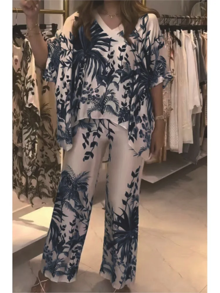 Elegant 2 Piece Office Suit Summer Casual Women's Set V-neck Printed Shoulder Sleeve Loose Blouse Tops&Wide Leg Pants Sets Lady
Elegant 2 Piece Office Suit Summer Casual Women's Set V-neck Printed Shoulder Sleeve Loose Blouse Tops&Wide Leg Pants Sets Lady