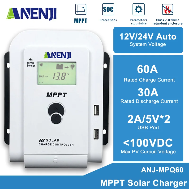 Контроллер солнечного зарядного устройства ANENJI MPPT 60A/40A/20A 12 В/24 В, автоматический порт USB 100 В постоянного тока, ЖК-дисплей, литиевый LiFePO4, двойной USB
Контроллер солнечного зарядного устройства ANENJI MPPT 60A/40A/20A 12 В/24 В, автоматический порт USB 100 В постоянного тока, ЖК-дисплей, литиевый LiFePO4, двойной USB