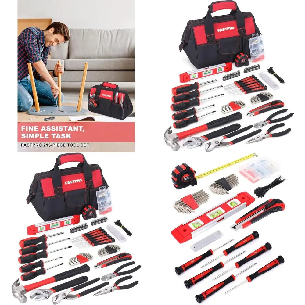 Complete 215-Piece Home Repair Tool Kit with Red Storage Bag and Wide Mouth Access
Complete 215-Piece Home Repair Tool Kit with Red Storage Bag and Wide Mouth Access