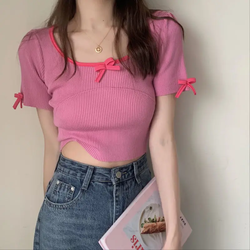 Solid Low Round Neck Bow Short Sleeved Knit Shirt for Women's Summer 2023 New Korean Version Versatile Bottom Short Top
Solid Low Round Neck Bow Short Sleeved Knit Shirt for Women's Summer 2023 New Korean Version Versatile Bottom Short Top
