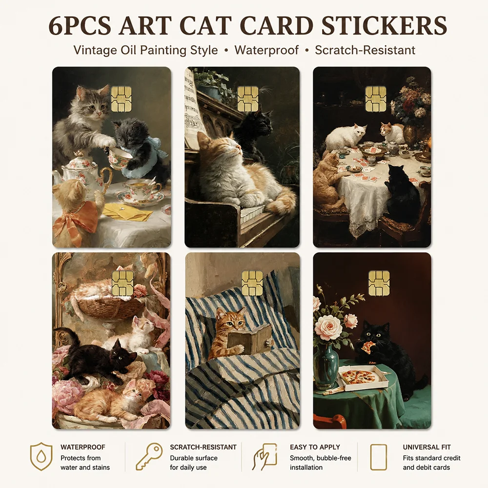 10PCS Vintage Cat Bank Card Stickers Cute Oil Painting Style Credit Card Skin Waterproof Scratch Resistant Decorative Card Decal
10PCS Vintage Cat Bank Card Stickers Cute Oil Painting Style Credit Card Skin Waterproof Scratch Resistant Decorative Card Decal