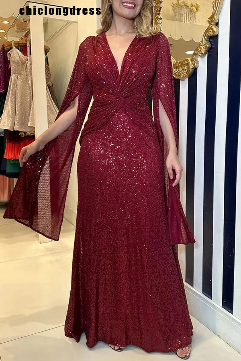 Autumn Winter Fashion Elegant Sequin Evening Dress Women Luxury V-neck Cloak Sleeves Slim Sequin Party Fishtail Dress Women
Autumn Winter Fashion Elegant Sequin Evening Dress Women Luxury V-neck Cloak Sleeves Slim Sequin Party Fishtail Dress Women