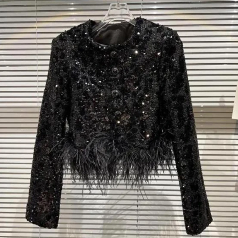 Black Short Jacket Women's Coat Sequined Heavy Ostrich Feather Fringe Coarse Tweed Top
Black Short Jacket Women's Coat Sequined Heavy Ostrich Feather Fringe Coarse Tweed Top