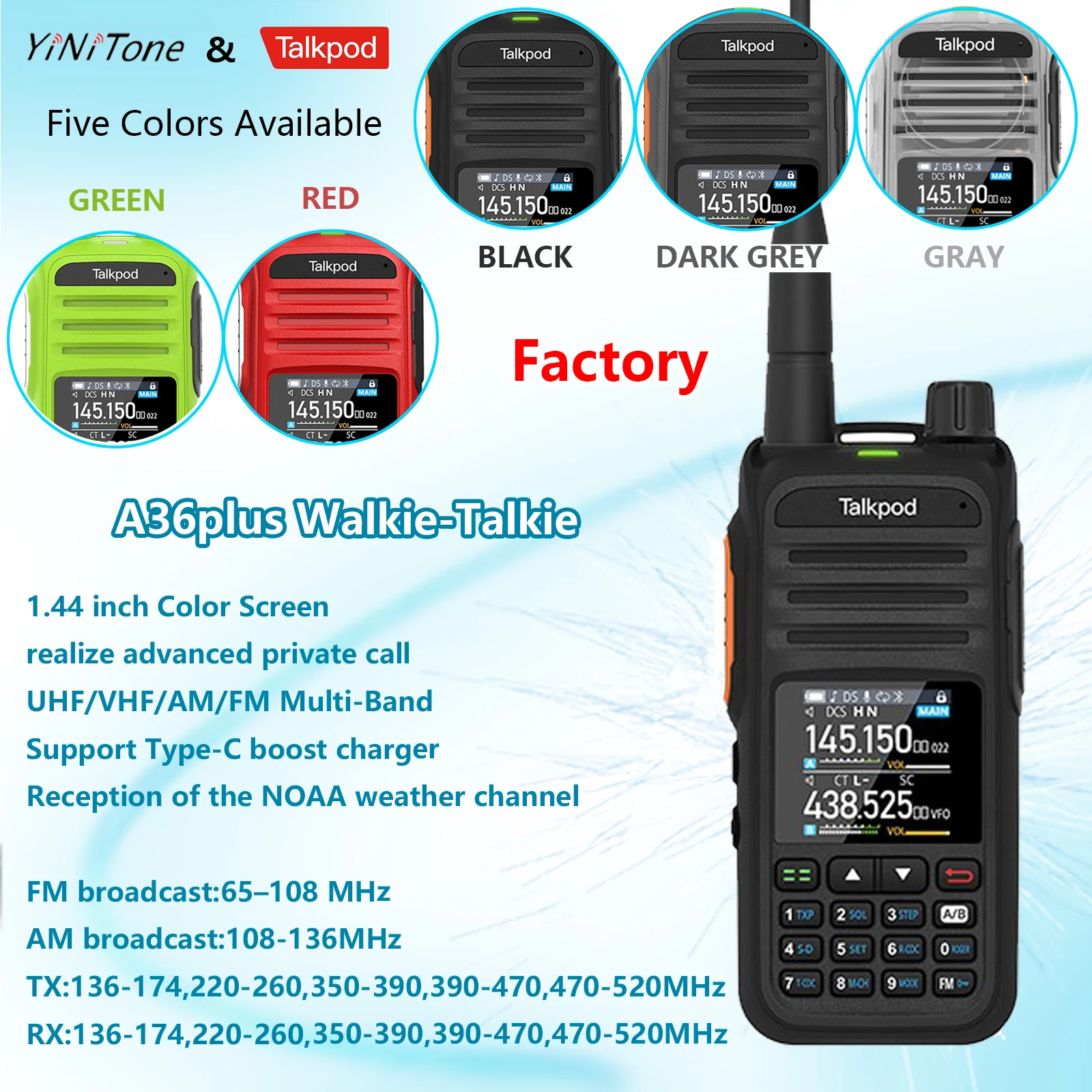 245 Transceivers A36plus UHF/VHF/AM/FM Multi-Band Portable Two Way Radio Airband Multi-Function with Color Display Type-C phone
245 Transceivers A36plus UHF/VHF/AM/FM Multi-Band Portable Two Way Radio Airband Multi-Function with Color Display Type-C phone
