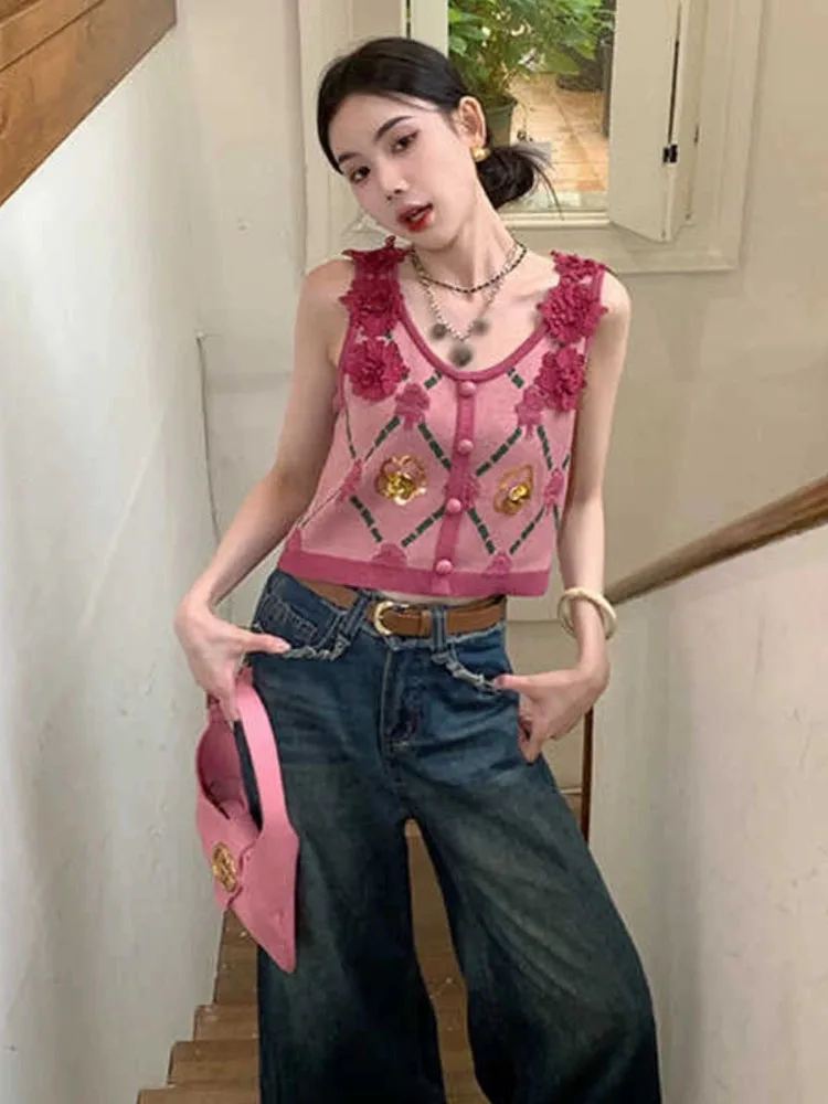 Women's Applique Sequins Knitted Vest Outerwears Short Knit Vest Crop Top 2025 Spring Summer Cute Personality Top
Women's Applique Sequins Knitted Vest Outerwears Short Knit Vest Crop Top 2025 Spring Summer Cute Personality Top