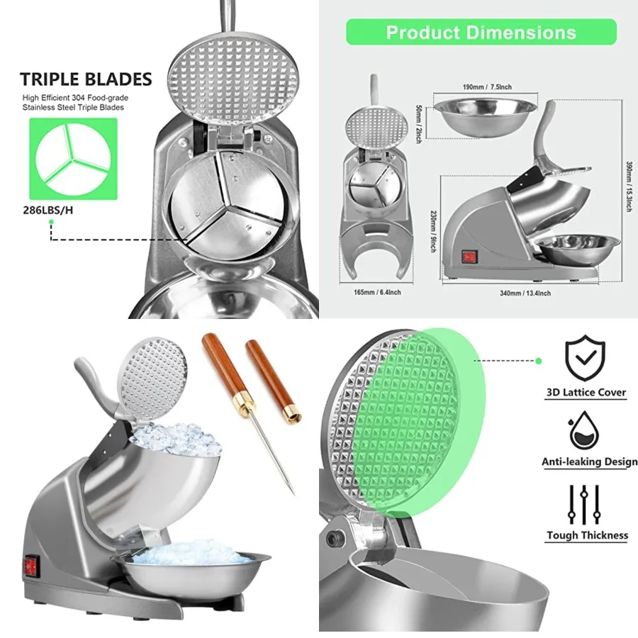 HORGELU Ice Crusher Ice Shaver 3 Blades with Ice Pick 286lbs/hr Snow Cone Machine 380W Shaved Ice Machine 2000rpm Food-grade St
HORGELU Ice Crusher Ice Shaver 3 Blades with Ice Pick 286lbs/hr Snow Cone Machine 380W Shaved Ice Machine 2000rpm Food-grade St