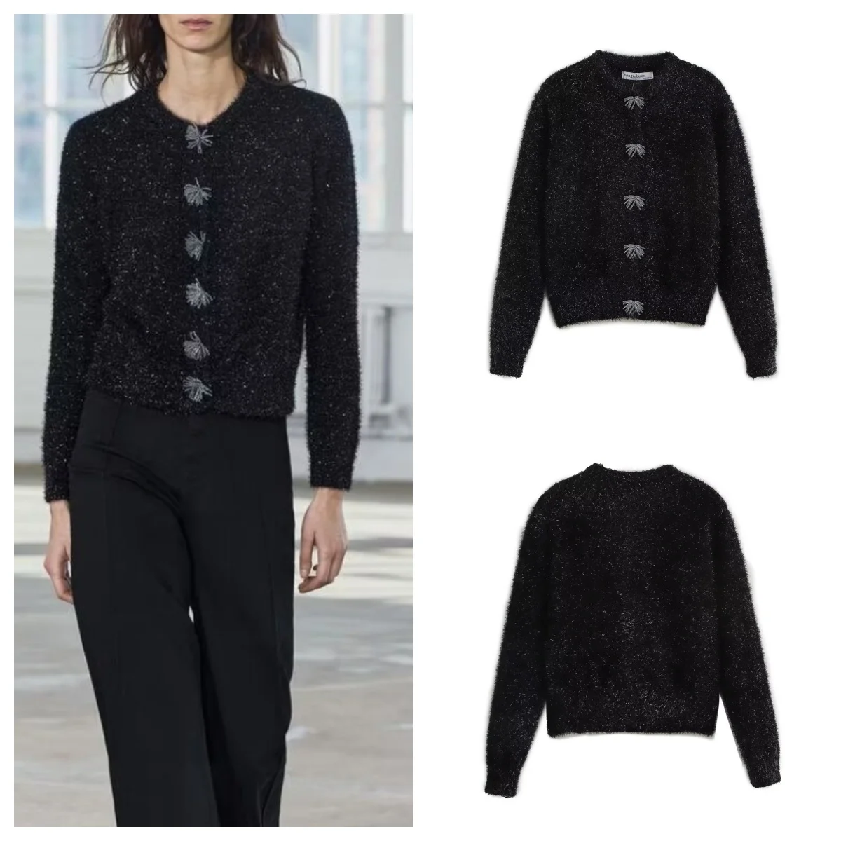 European and American style new round neck jewelry decorated single-breasted knitted cardigan metallic thread sweater jacket
European and American style new round neck jewelry decorated single-breasted knitted cardigan metallic thread sweater jacket