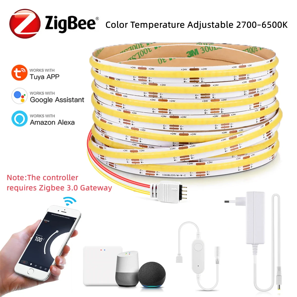 Светодиодная лента Zigbee COB 24В с регулировкой яркости и изменением цветовой температуры 2700K-6500K, подсветка для шкафов, совместима с Tuya, Alexa, Google
Светодиодная лента Zigbee COB 24В с регулировкой яркости и изменением цветовой температуры 2700K-6500K, подсветка для шкафов, совместима с Tuya, Alexa, Google