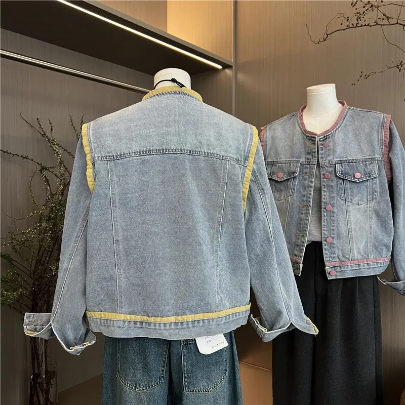 Spring Autumn New Color Contrast Short Denim Jacket Women Fashion O-Neck Vintage Jeans Coat Female Loose Cowboy Outerwear T1368
Spring Autumn New Color Contrast Short Denim Jacket Women Fashion O-Neck Vintage Jeans Coat Female Loose Cowboy Outerwear T1368