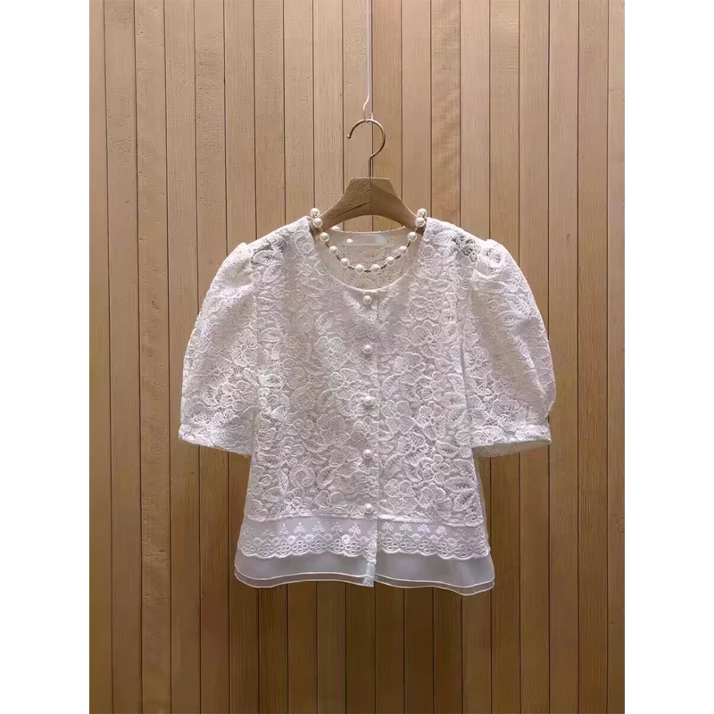 Korean Style Women's Bubble Sleeve Shirt round Neck Short Sleeve Embroidered Lace Splice Breathable Summer New Fashion Top
Korean Style Women's Bubble Sleeve Shirt round Neck Short Sleeve Embroidered Lace Splice Breathable Summer New Fashion Top