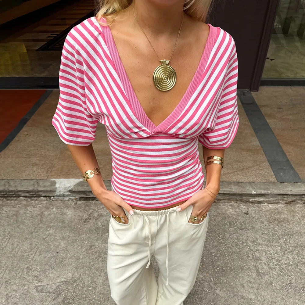 FL Summer Woman New Style Sexy Slim-Fitting Deep V-Neck Waist-Hugging Striped Color-Block Knitted Short-Sleeved T-Shirt Top 2026
FL Summer Woman New Style Sexy Slim-Fitting Deep V-Neck Waist-Hugging Striped Color-Block Knitted Short-Sleeved T-Shirt Top 2026