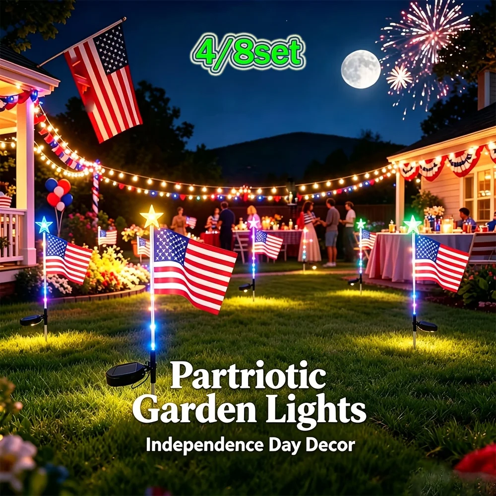 4/8set 4th Of July Lights USA Flag Lights, IP65, 2 Modes 7 Colors Changing Solar LED Lights for Independence Day Outdoor Decorations Yards, Patios, Decks, And Walkways.
4/8set 4th Of July Lights USA Flag Lights, IP65, 2 Modes 7 Colors Changing Solar LED Lights for Independence Day Outdoor Decorations Yards, Patios, Decks, And Walkways.