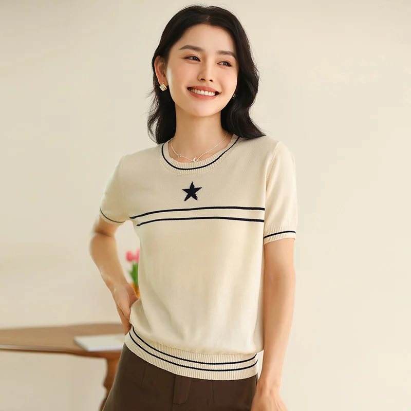 Summer new pentagram print design round neck women's knitted short sleeved T-shirt loose temperament casual top T-shirt
Summer new pentagram print design round neck women's knitted short sleeved T-shirt loose temperament casual top T-shirt