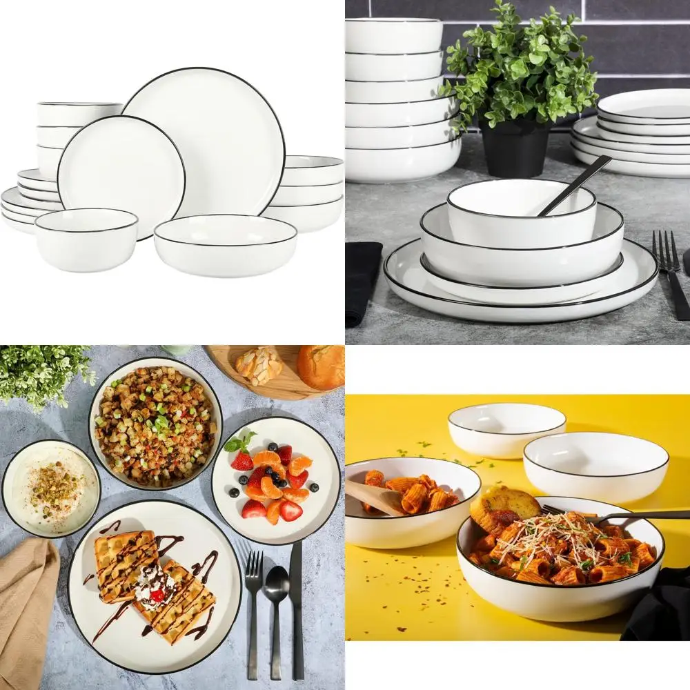 oslo 16 piece porcelain dinnerware set,white w/black rim rim, service for 4 (16pcs)
oslo 16 piece porcelain dinnerware set,white w/black rim rim, service for 4 (16pcs)