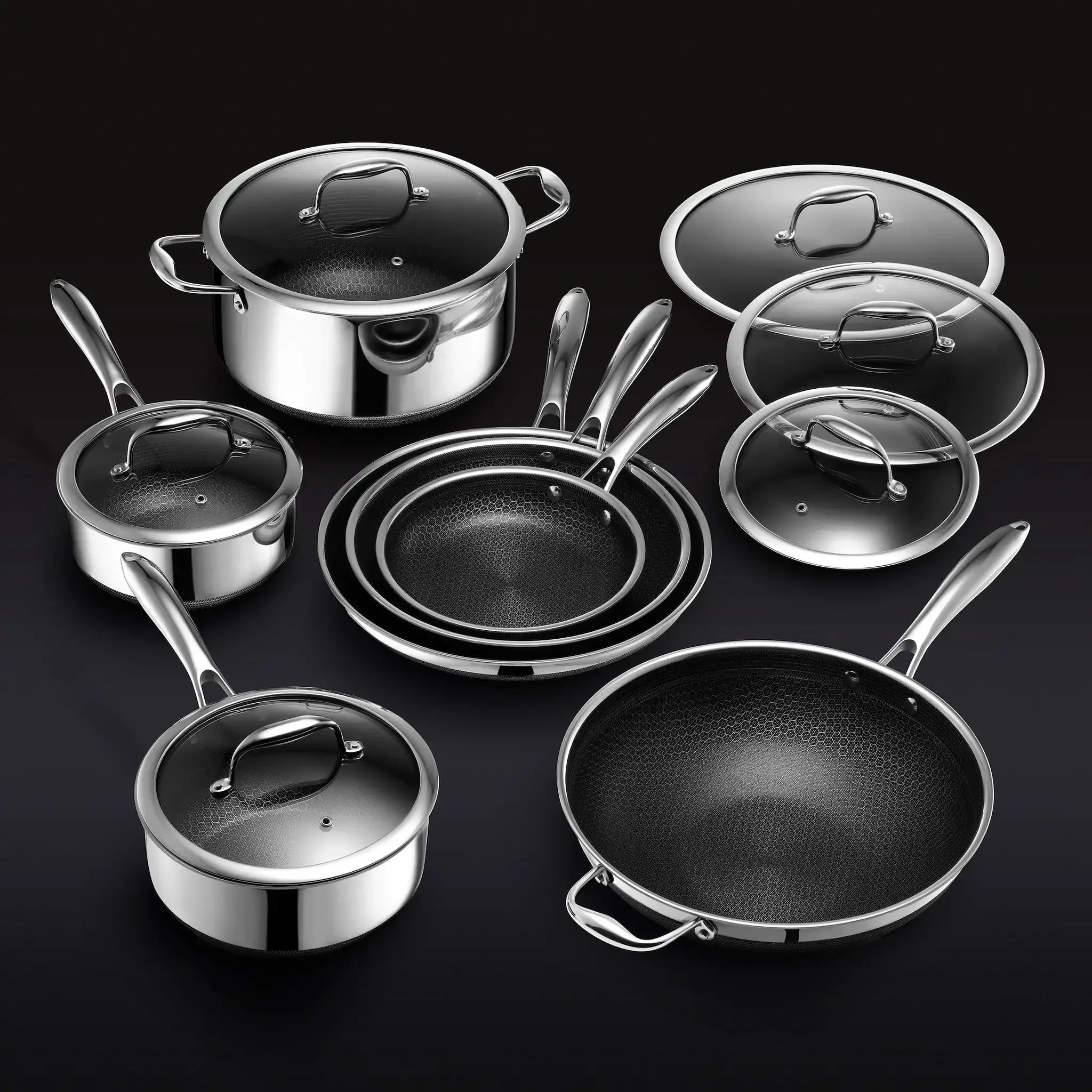 Nonstick Coating Stainless Steel Honeycomb Cookware Set Fry Pan with Lids Kitchen Wholesale
Nonstick Coating Stainless Steel Honeycomb Cookware Set Fry Pan with Lids Kitchen Wholesale