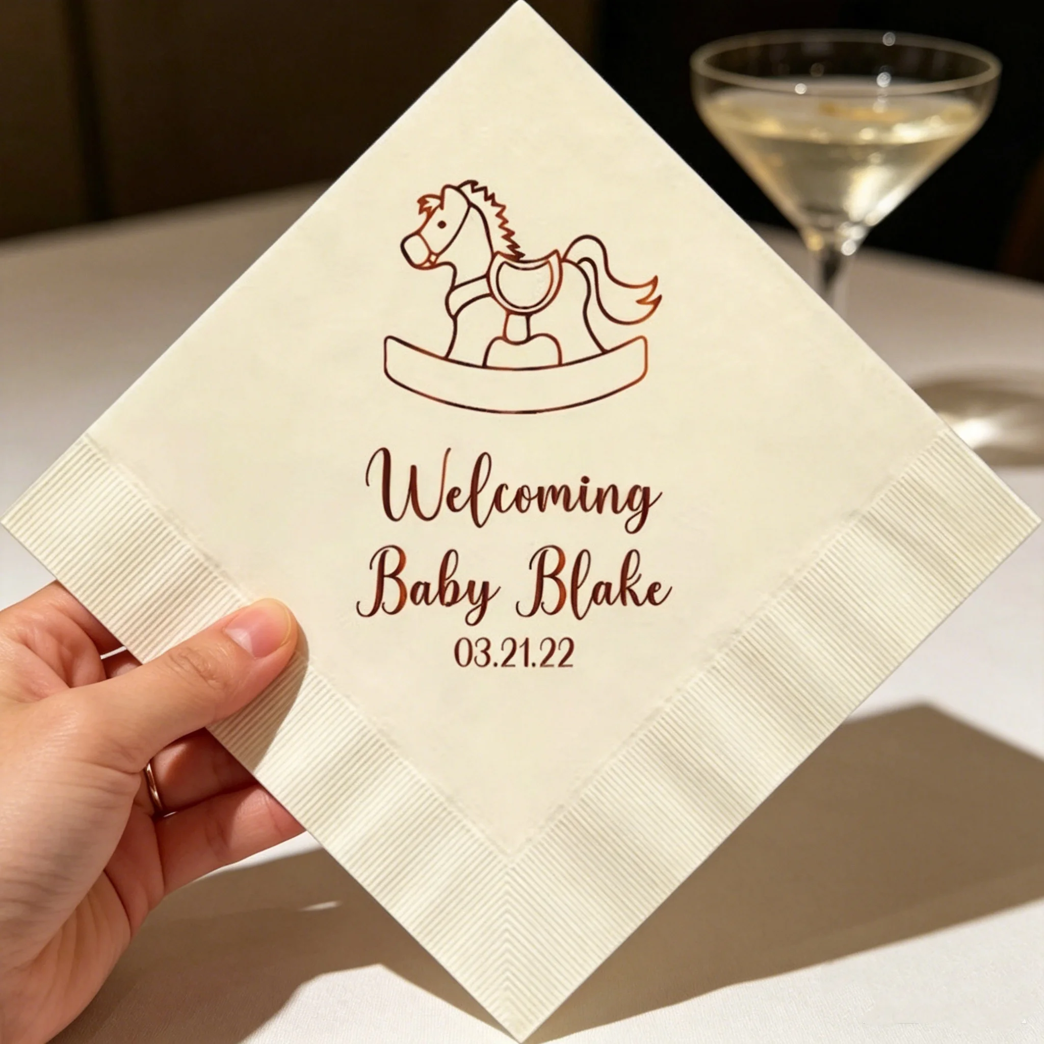 50pcs Personalized Rocking Horse Baby Shower Cocktail Napkins, Custom Baby Name & Date Rose Gold Foil Cream Napkins, Cute Gender
50pcs Personalized Rocking Horse Baby Shower Cocktail Napkins, Custom Baby Name & Date Rose Gold Foil Cream Napkins, Cute Gender