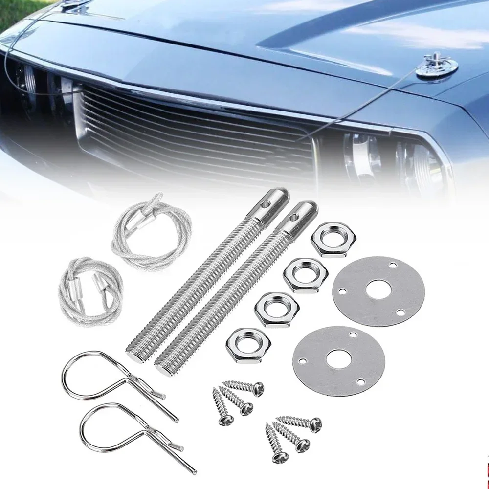 Universal 1Set Racing Style Stainless Steel Hood Lock Kit - Car Engine Bonnet Pin Plate Security Lock Mount Set