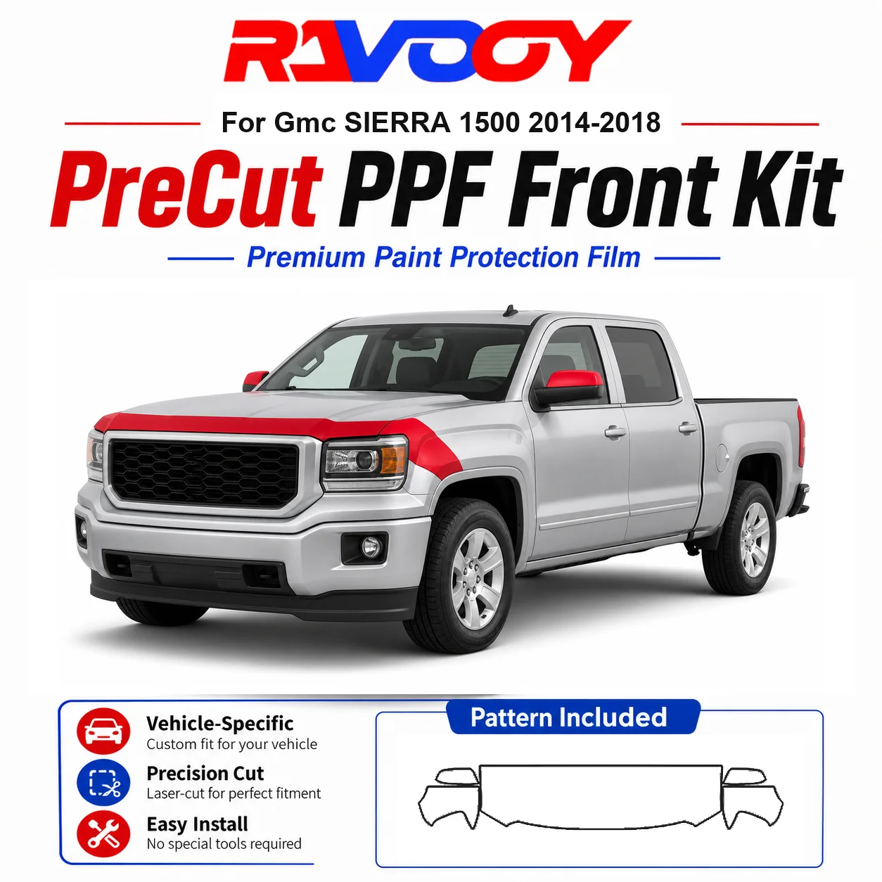 8.5mil TPU Precut PPF Kit For GMC SIERRA 1500 2014-2018 - Hood, Fenders & Mirror Set - Self-Healing Clear Bra Film
8.5mil TPU Precut PPF Kit For GMC SIERRA 1500 2014-2018 - Hood, Fenders & Mirror Set - Self-Healing Clear Bra Film