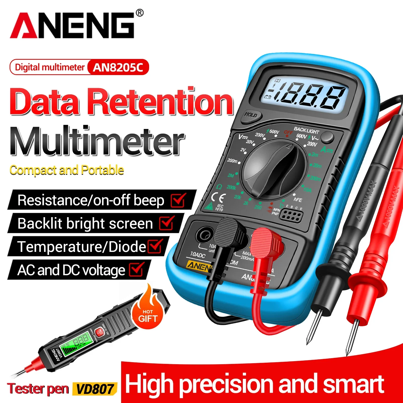 ANENG AN8205 Digital Multimeter Free VD807 Voltage Test Pen Portable Electrical Multitester
ANENG AN8205 Digital Multimeter Free VD807 Voltage Test Pen Portable Electrical Multitester