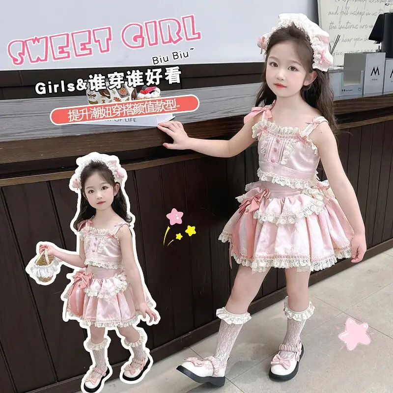 Girls' Summer Clothes Set New Children's Baby Pink Lolita Top and Skirt Fashionable 3 Piece Set 2 4 6 7Y
Girls' Summer Clothes Set New Children's Baby Pink Lolita Top and Skirt Fashionable 3 Piece Set 2 4 6 7Y