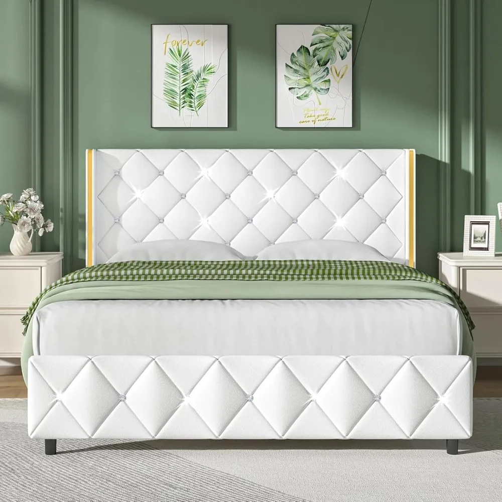 Full Upholstered Bed Frame with Headboard, Faux Leather Platform Bed with Wingback Design, Modern Diamond Bed Frame with
Full Upholstered Bed Frame with Headboard, Faux Leather Platform Bed with Wingback Design, Modern Diamond Bed Frame with