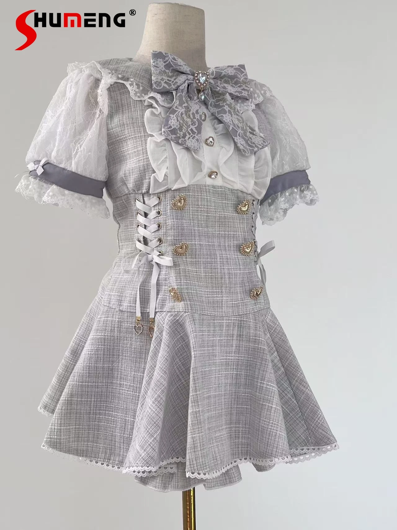 Japanese Mine Style Mass-Produced Lace Bow Short Sleeve Lace-up Heart Buckle Mini Dress High Waist Shorts Two-Piece Sets Women
Japanese Mine Style Mass-Produced Lace Bow Short Sleeve Lace-up Heart Buckle Mini Dress High Waist Shorts Two-Piece Sets Women