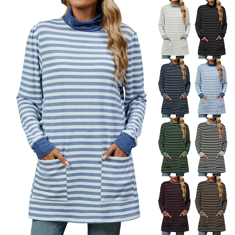 Women Clothing Long Sleeve Stripe Shirt Pocket Long Tops Casual High Round Neck High Quality Women's T-Shirt
Women Clothing Long Sleeve Stripe Shirt Pocket Long Tops Casual High Round Neck High Quality Women's T-Shirt