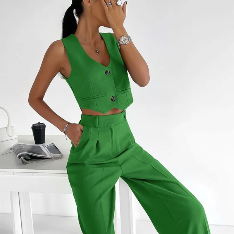 Office Ladies Elegant Suit 2 Piece Set Fashion Two Buckles Sleeveless Vest And High Waist Wide Leg Pant Casual Set Women Clothes
Office Ladies Elegant Suit 2 Piece Set Fashion Two Buckles Sleeveless Vest And High Waist Wide Leg Pant Casual Set Women Clothes