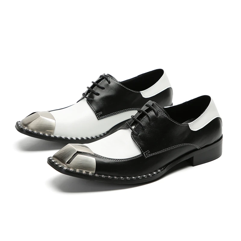 Metal square toe fashionable leather shoes, black and white lace up breathable casual handmade men's leather shoes
Metal square toe fashionable leather shoes, black and white lace up breathable casual handmade men's leather shoes