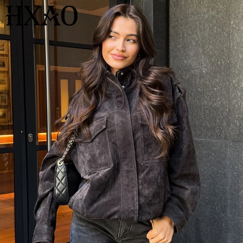 HXAO 2025 Woman Oversized Suede Jacket Autumn Khaki Grey Bomber Jacket Stand Collar Big Pockets Long Sleeve Coat Chic Outerwears
HXAO 2025 Woman Oversized Suede Jacket Autumn Khaki Grey Bomber Jacket Stand Collar Big Pockets Long Sleeve Coat Chic Outerwears