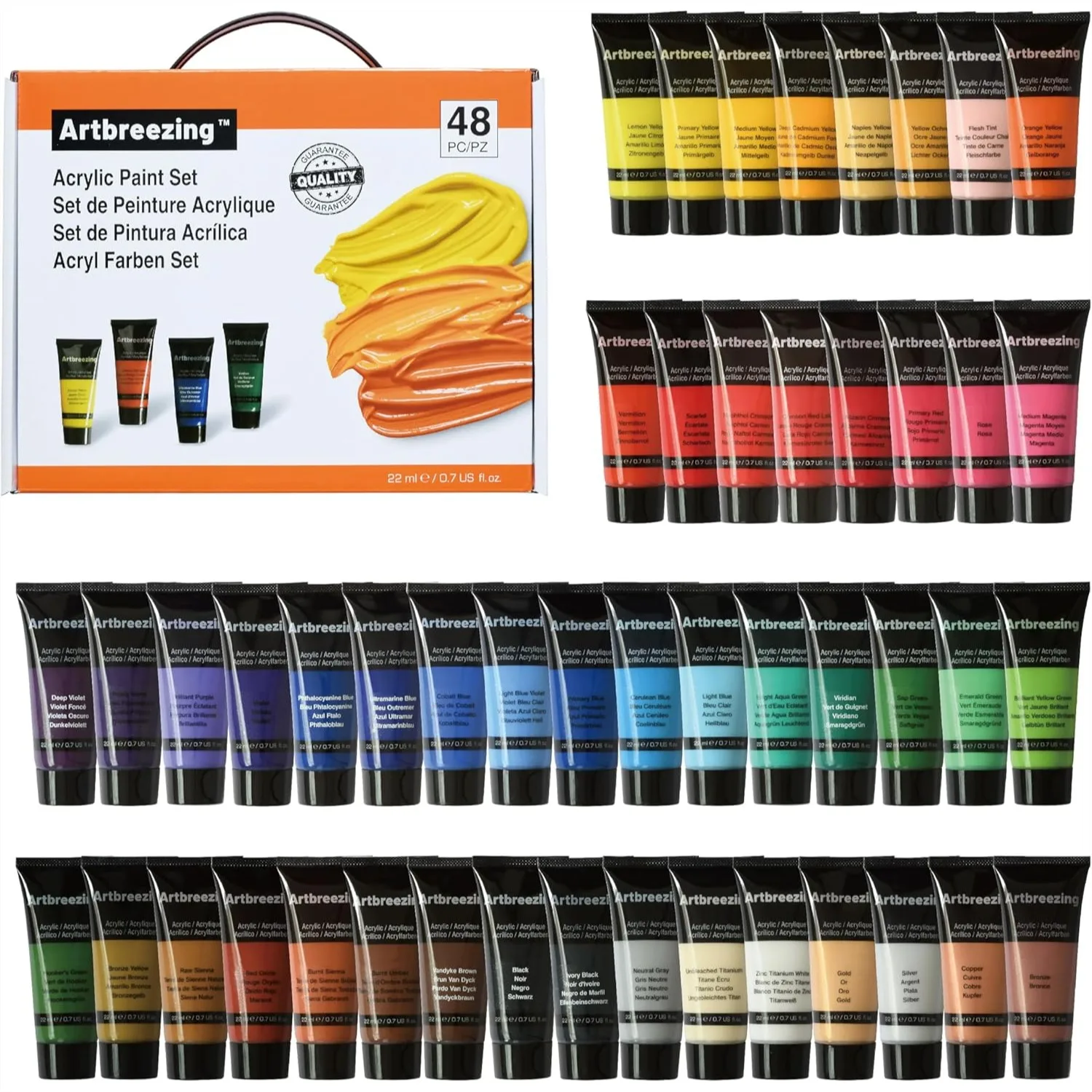 48 Colors Acrylic Paint Set 0.74 oz Tubes for Canvas Wood Fabric, Highly Pigmented Art Supplies for Artists Beginners
48 Colors Acrylic Paint Set 0.74 oz Tubes for Canvas Wood Fabric, Highly Pigmented Art Supplies for Artists Beginners