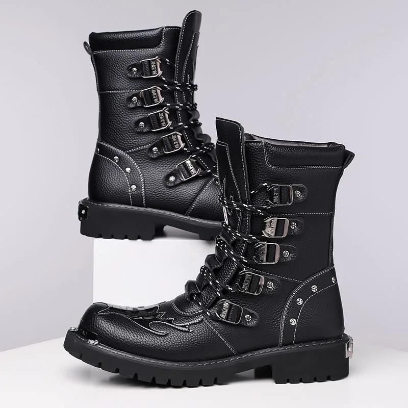 Men's Motorcycle Boots Fashion Mid-Calf Punk Rock Punk PU Leather Black High Top Men's Casual Boot Steel Toe Shoes Botas Hombre
Men's Motorcycle Boots Fashion Mid-Calf Punk Rock Punk PU Leather Black High Top Men's Casual Boot Steel Toe Shoes Botas Hombre