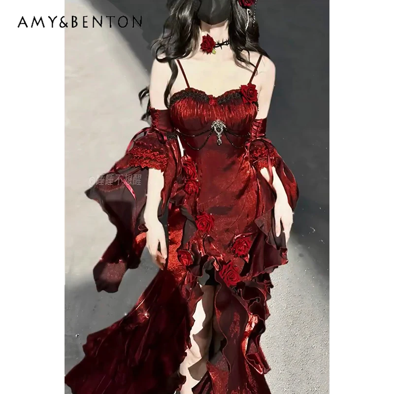 2025 Summer New Red Rose Long Mermaid Dress Lolita Elegant Goddess Royal Sister Strap Slim High Waist Slit Dress
2025 Summer New Red Rose Long Mermaid Dress Lolita Elegant Goddess Royal Sister Strap Slim High Waist Slit Dress