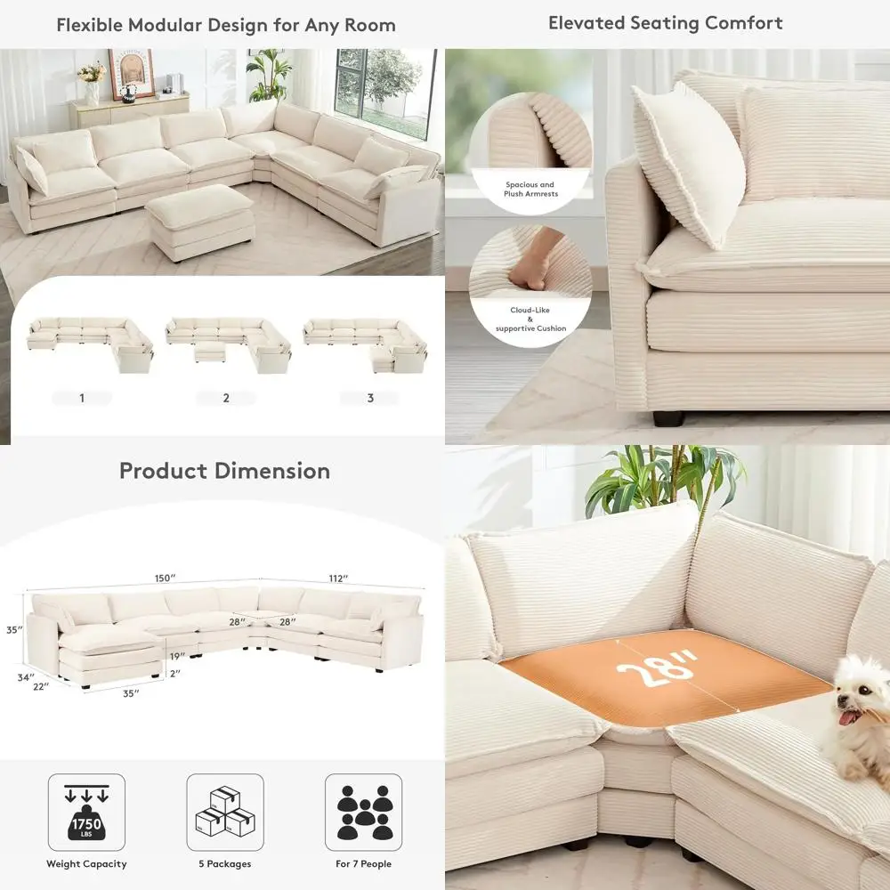 7-местный V-образный секционный диван-облако с оттоманкой, 4 подушками, трансформируемым шезлонгом, идеально подходит для гостиной, бежевый
7-местный V-образный секционный диван-облако с оттоманкой, 4 подушками, трансформируемым шезлонгом, идеально подходит для гостиной, бежевый