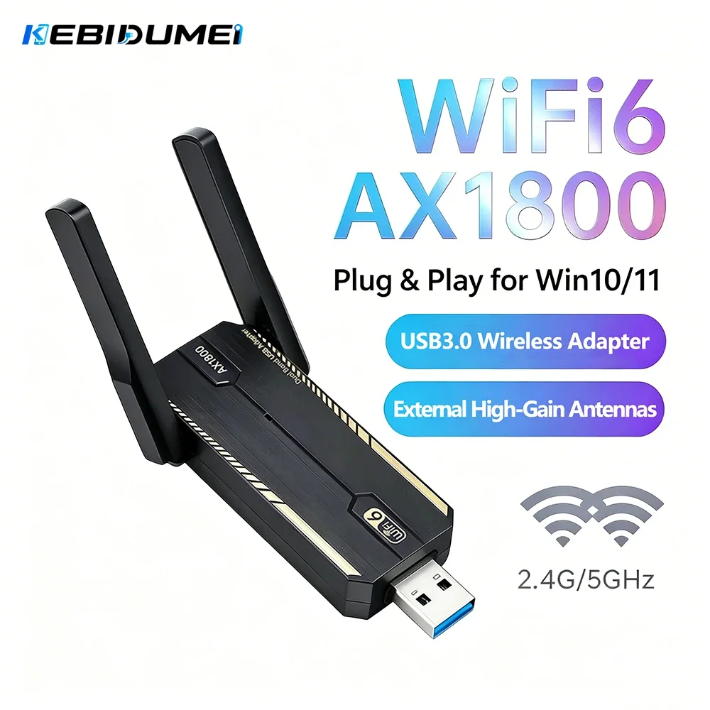 Kebidumei AX1800 USB 3.0 WiFi 6 Adapter Dual Band 2.4G/5G Wireless Network Card MU-MIMO WPA3 for PC Laptop Driver Free Win10/11
Kebidumei AX1800 USB 3.0 WiFi 6 Adapter Dual Band 2.4G/5G Wireless Network Card MU-MIMO WPA3 for PC Laptop Driver Free Win10/11