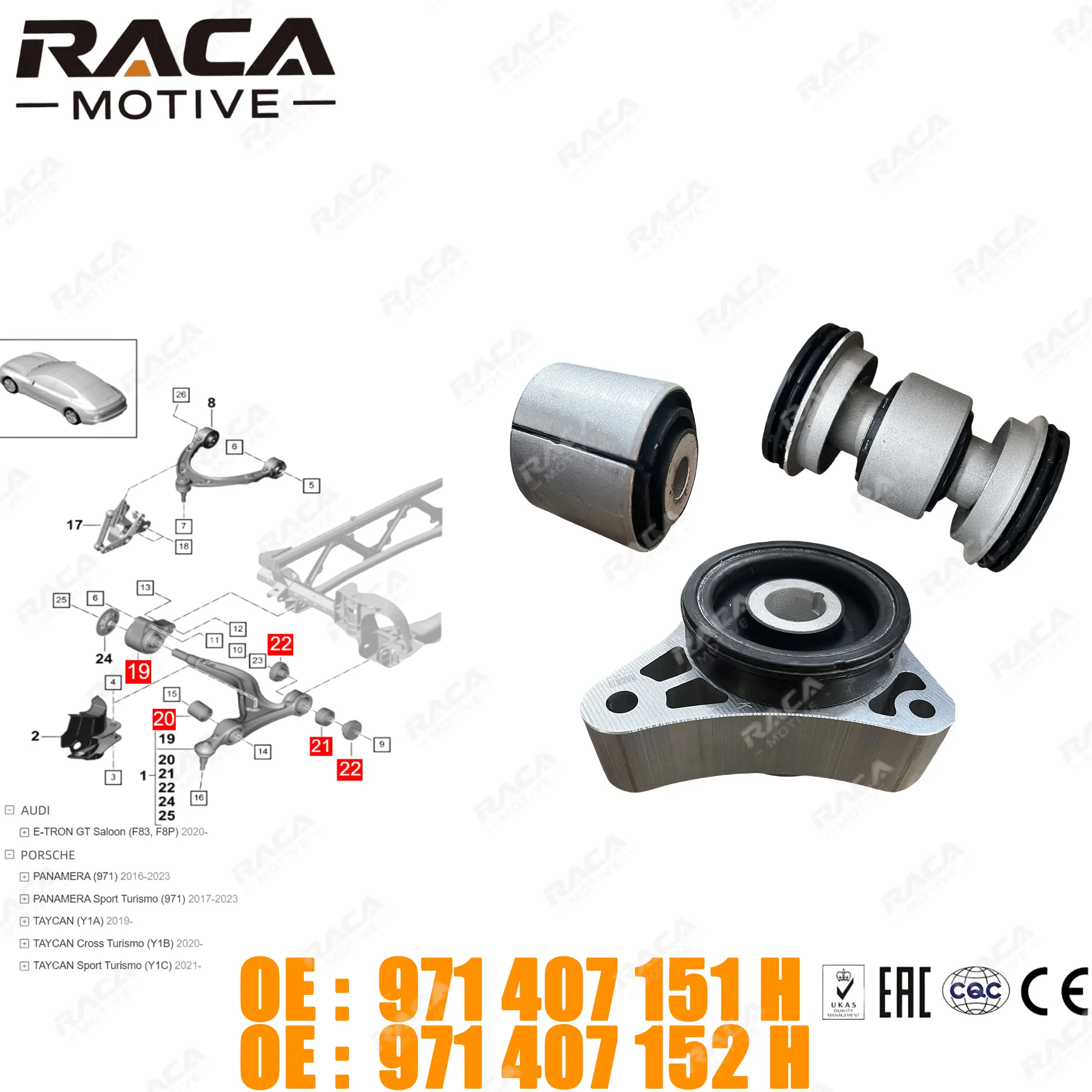 Front Axle Traction Control Arm Bushing Set (Rl) for Porsche Panamera 971 Taycan (Y1A/Y1B/Y1C) Audi E-Tron Gt Saloon (F83, F8P) 971407151H 971407152H
Front Axle Traction Control Arm Bushing Set (Rl) for Porsche Panamera 971 Taycan (Y1A/Y1B/Y1C) Audi E-Tron Gt Saloon (F83, F8P) 971407151H 971407152H