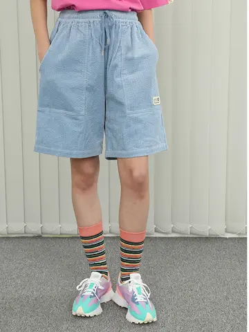 Bebobsons Summer Casual Women‘s Shorts Elastic Waist Soft Corduroy Blue Short For Teenage Girls Cartoon Patch Niche Design