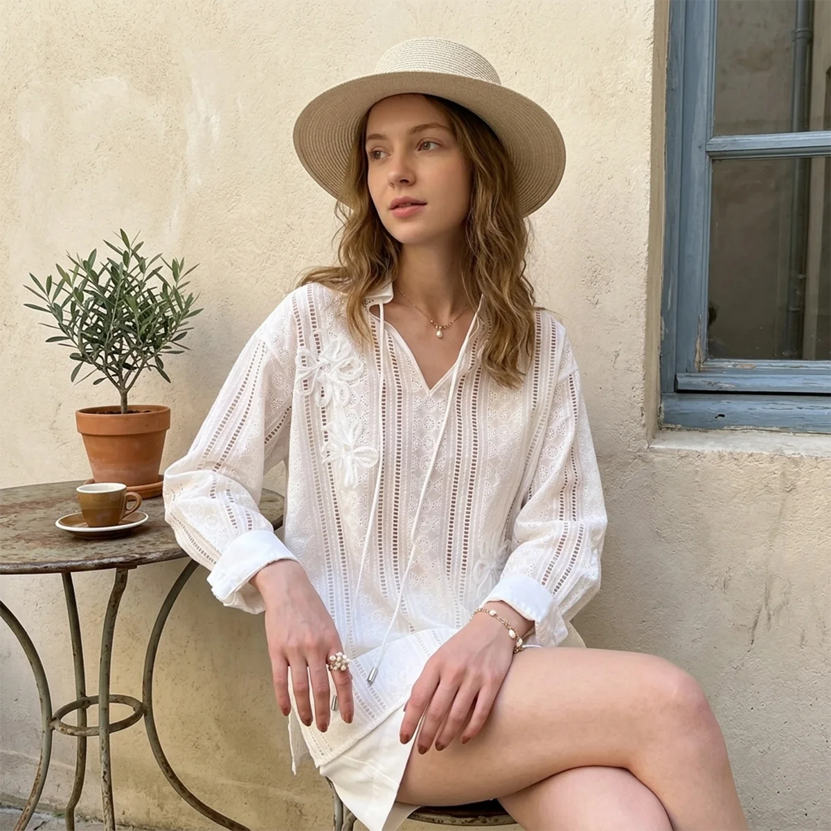 Luxury Floral Embroidery Blouse Women Sexy V Neck Tie Front Shirt Elegant Polo Collar Hollow Out White Tops Holiday Blusas 2026
Luxury Floral Embroidery Blouse Women Sexy V Neck Tie Front Shirt Elegant Polo Collar Hollow Out White Tops Holiday Blusas 2026