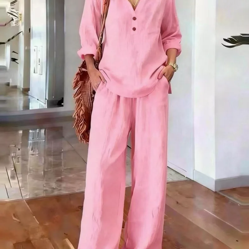 Solid Linen 2 Piece Outfit Women V Neck Half Button Long Sleeve Top Wide Leg Pants Loose Casual Set
Solid Linen 2 Piece Outfit Women V Neck Half Button Long Sleeve Top Wide Leg Pants Loose Casual Set