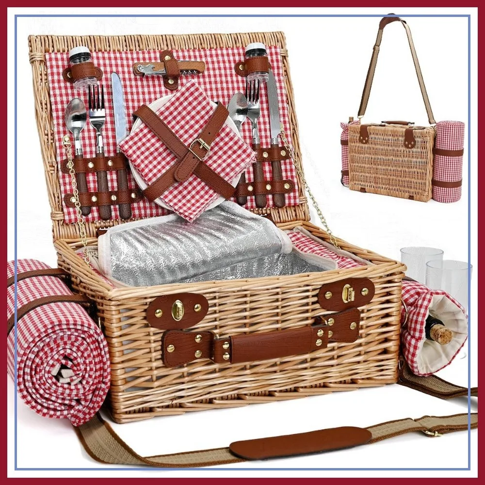 Wicker Picnic Basket for 2 with Blanket, Wine Pouch, Insulated Liner, Red Gingham
Wicker Picnic Basket for 2 with Blanket, Wine Pouch, Insulated Liner, Red Gingham