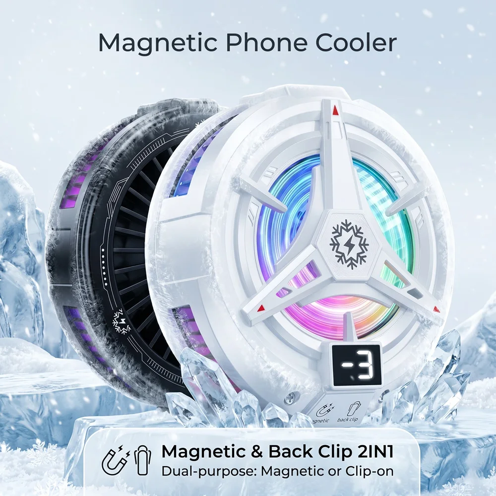 Phone Cooler 2in1 Magnetic Back Clip Semiconductor Cooling Fan Fast Freeze RGB Aluminum Fin Mobile Phone Fan Heat Dissipation
Phone Cooler 2in1 Magnetic Back Clip Semiconductor Cooling Fan Fast Freeze RGB Aluminum Fin Mobile Phone Fan Heat Dissipation
