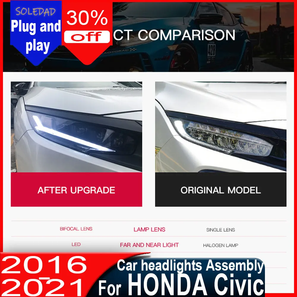 Car LED Headlight For HONDA Civic 2016-2021 Fog DRL Brake Turn Signal Lamp headlights Assembly Plug and Play Assemblies
Car LED Headlight For HONDA Civic 2016-2021 Fog DRL Brake Turn Signal Lamp headlights Assembly Plug and Play Assemblies