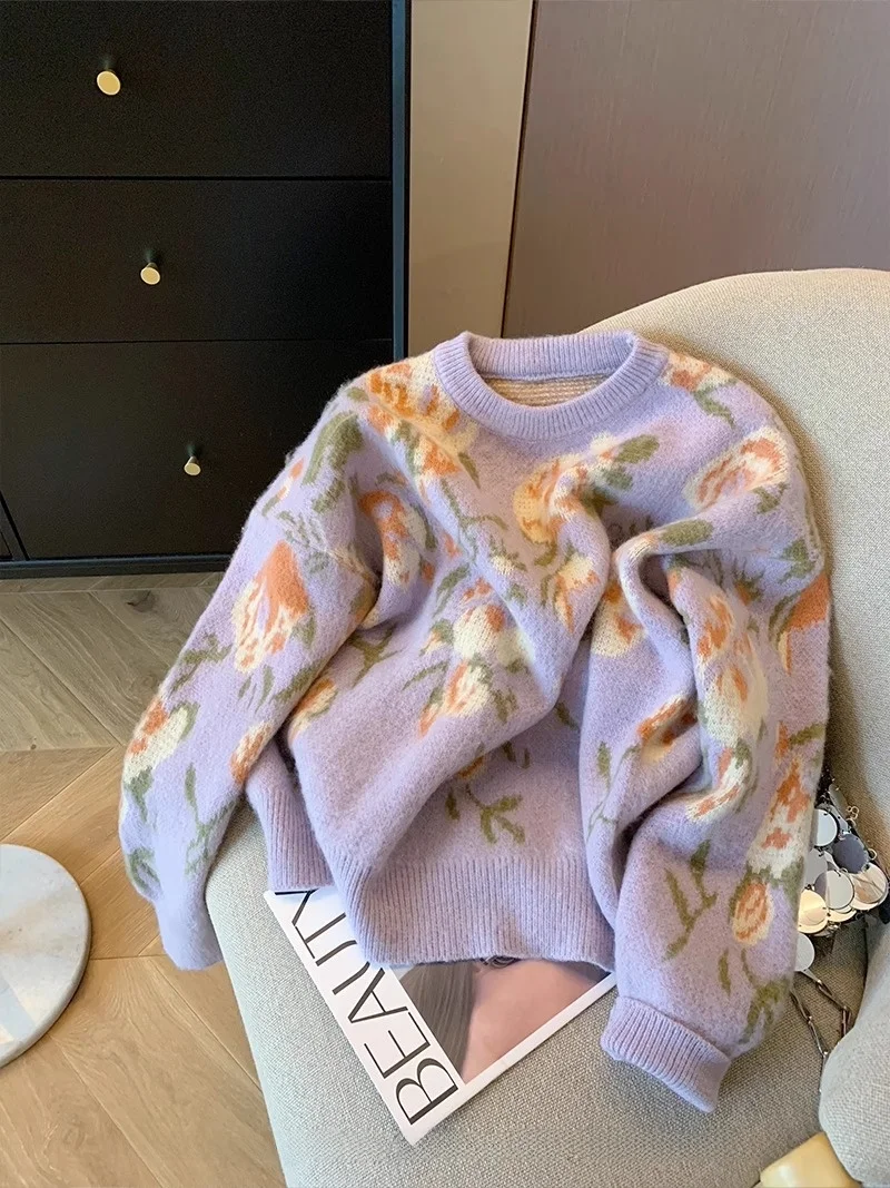 Loose Women's Pullover Knitwear Purple Rose Print Comfortable Vintage Style Winter Sweater Soft Cozy Female Fashion Inner Wear
Loose Women's Pullover Knitwear Purple Rose Print Comfortable Vintage Style Winter Sweater Soft Cozy Female Fashion Inner Wear