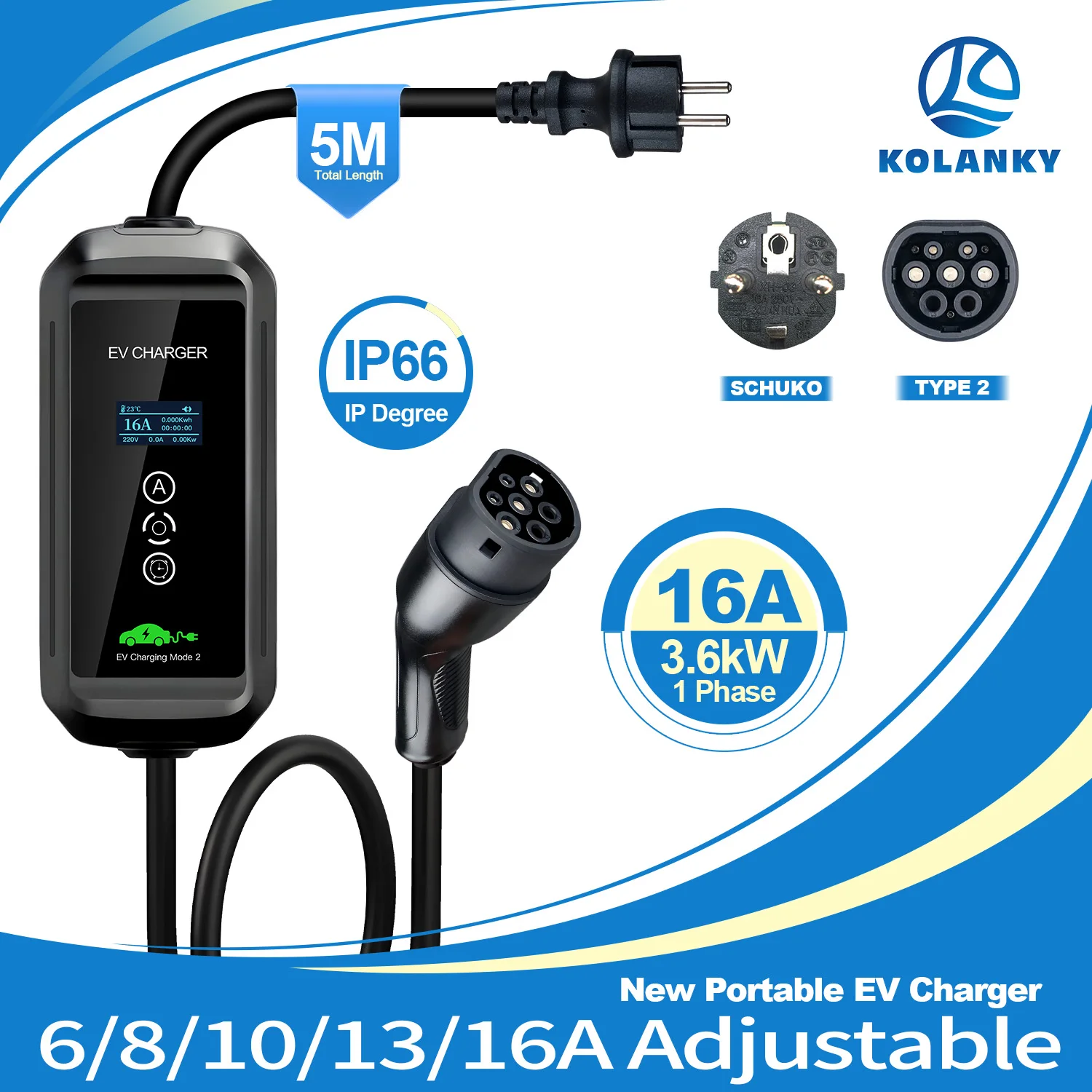 Kolanky IP66 Portable Electric Vehicle Charger Type2 16A 3.6KW Adjustable Current EVSE with 5M Cable for Type 2 EV Car Home Use
Kolanky IP66 Portable Electric Vehicle Charger Type2 16A 3.6KW Adjustable Current EVSE with 5M Cable for Type 2 EV Car Home Use